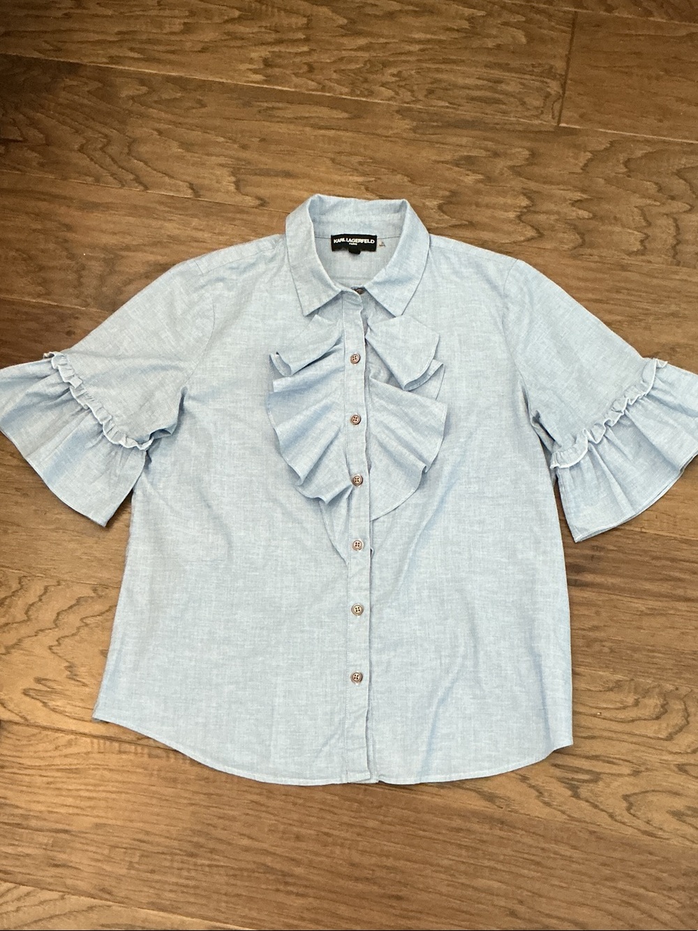 Karl Lagerfeld Light Blue Ruffle Bell Sleeve Button-Up Poplin Blouse - L